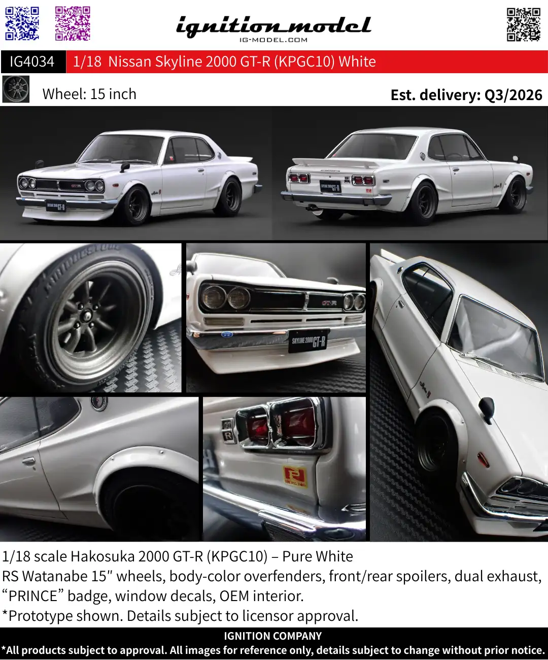 Ignition Model 1:18 Nissan Skyline 2000 GT-R (KPGC10) White IG4034