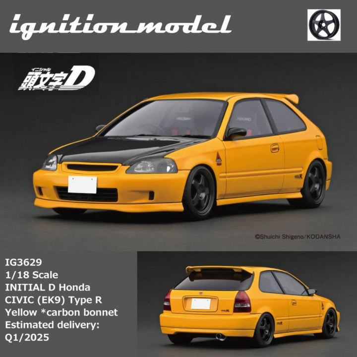 Ignition Model 1:18 INITIAL D Honda CIVIC (EK9) Type R Yellow *carbon bonnet