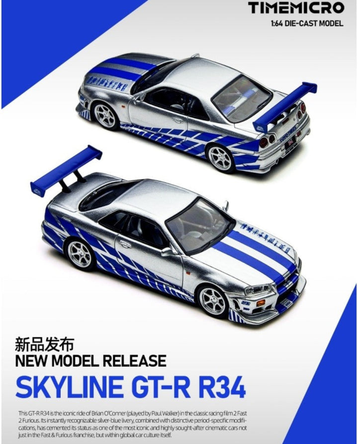 [Preorder] TimeMicro 1:64 Nissan Skyline GT-R R34 FNF Silver/ Blue TM800502