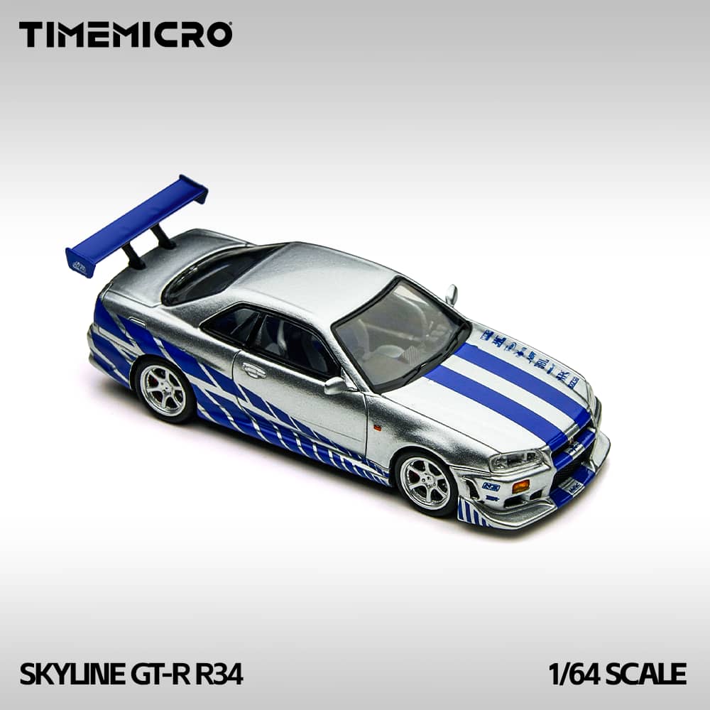 [Preorder] TimeMicro 1:64 Nissan Skyline GT-R R34 FNF Silver/ Blue TM800502