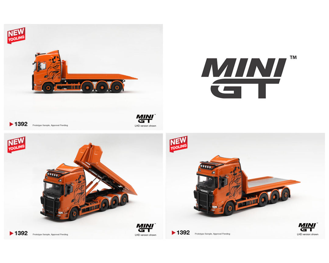 [Preorder] Mini GT 1:64 Scania 770S B8x4NA Hooklift Flatbed Orange- Limited Edition MGT01392-L