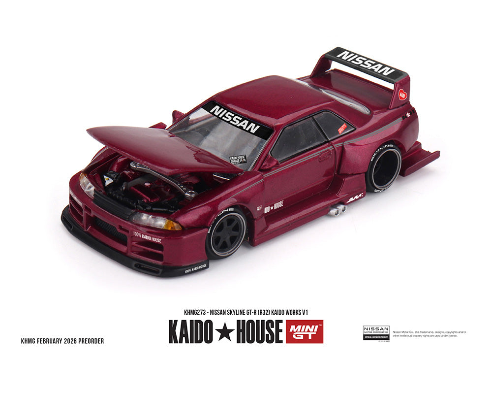 [Preorder] Kaido House x Mini GT 1:64 Nissan Skyline GT-R (R32) Kaido Works V1 – Burgundy Red KHMG273