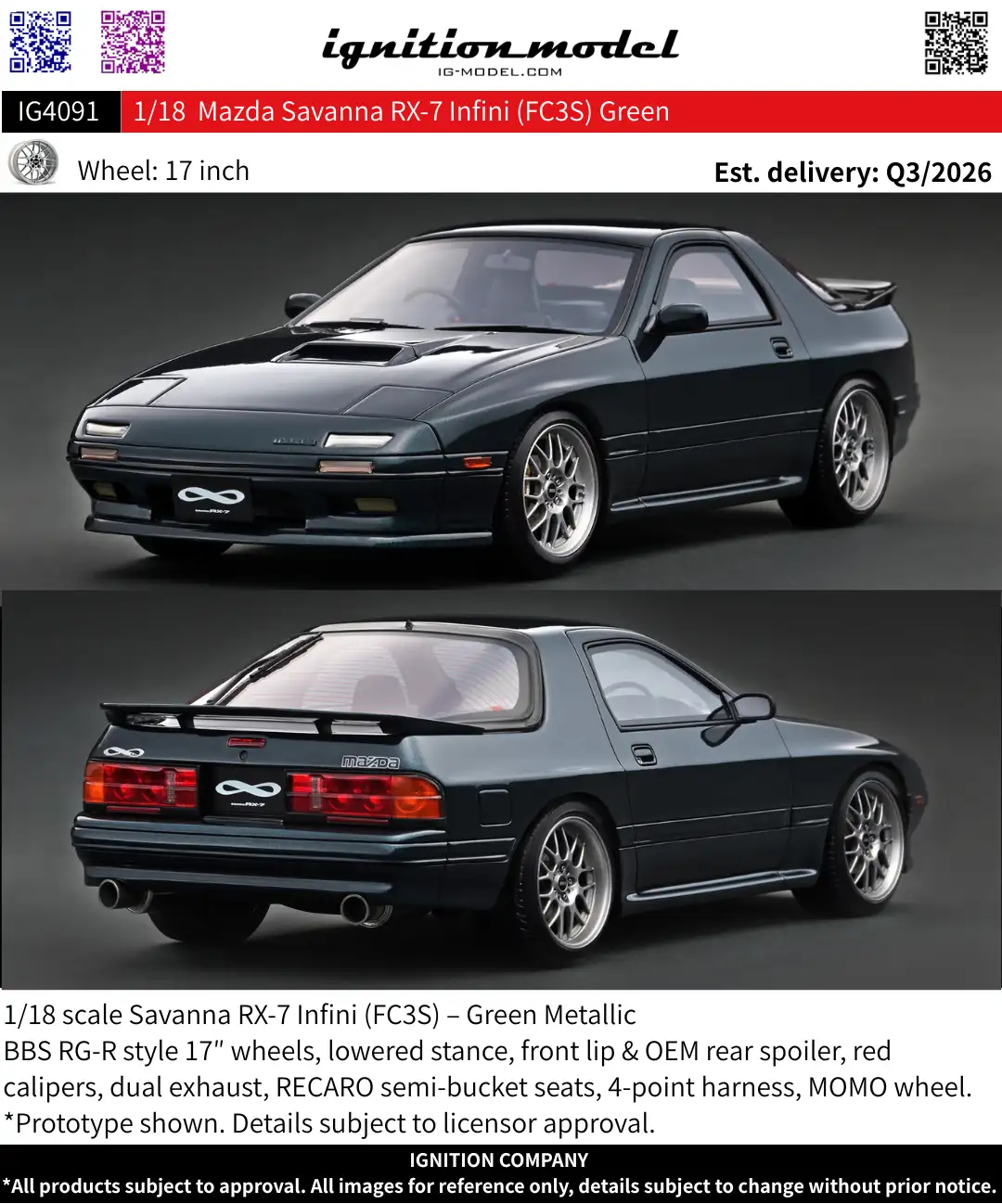 Ignition Model 1:18 Mazda Savanna RX-7 Infinity (FC3S) Green IG4091