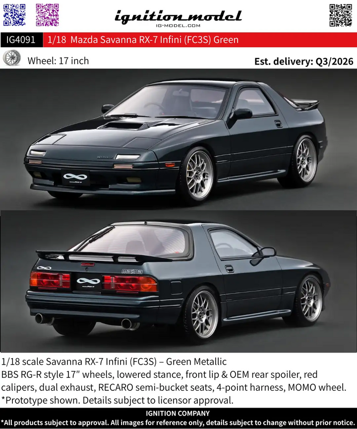 Ignition Model 1:18 Mazda Savanna RX-7 Infinity (FC3S) Green IG4091
