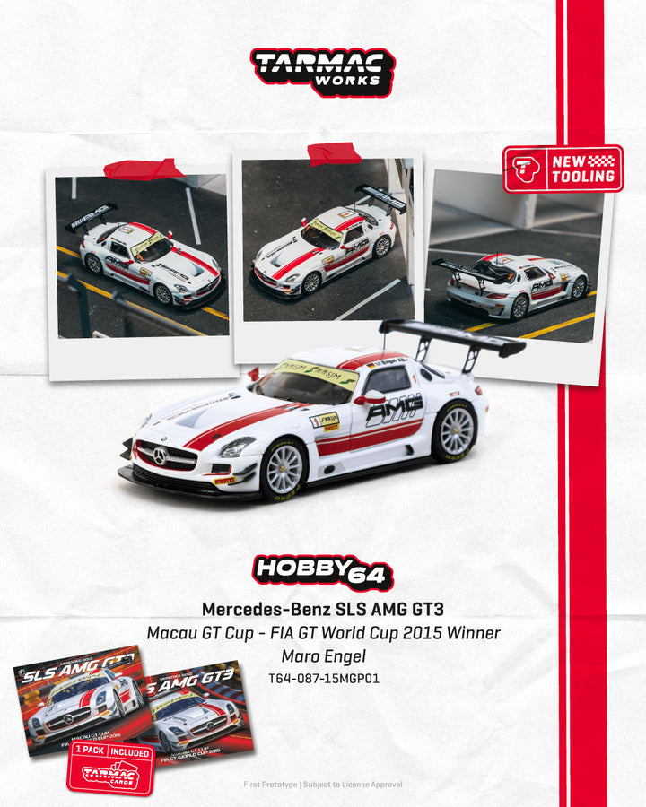 [Preorder] Tarmac Works 1:64 Mercedes-Benz SLS AMG GT3 Macau GT Cup - FIA GT World Cup 2015 Winner Maro Engel Model Car + Trading Cards Combo Set T64-087-15MGP01
