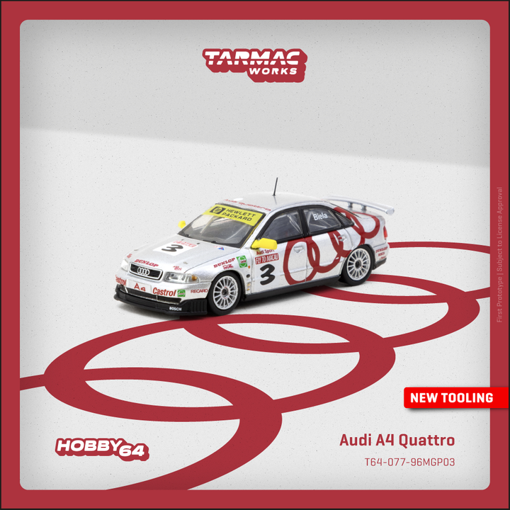 [Preorder] Tarmac Works 1:64 Audi A4 Quattro Macau Guia Race 1996 Winner Frank Biela T64-077-96MGP03