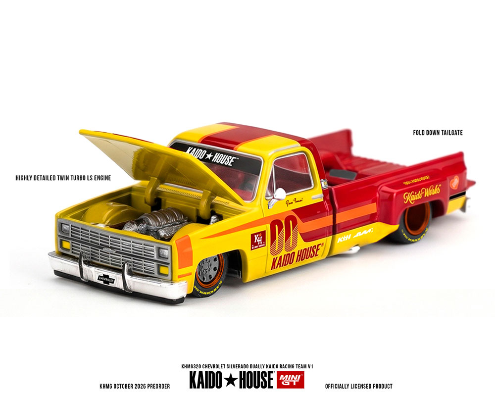 [Preorder] Kaido House x Mini GT 1:64 Chevrolet Silverado Dually Kaido Racing Team V1 – Yellow Red Two- Tone KHMG320