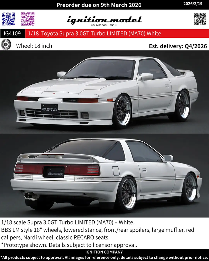 [Preorder] Ignition Model 1:18 Toyota Supra 3.0GT Turbo LIMITED (MA70) White IG4109