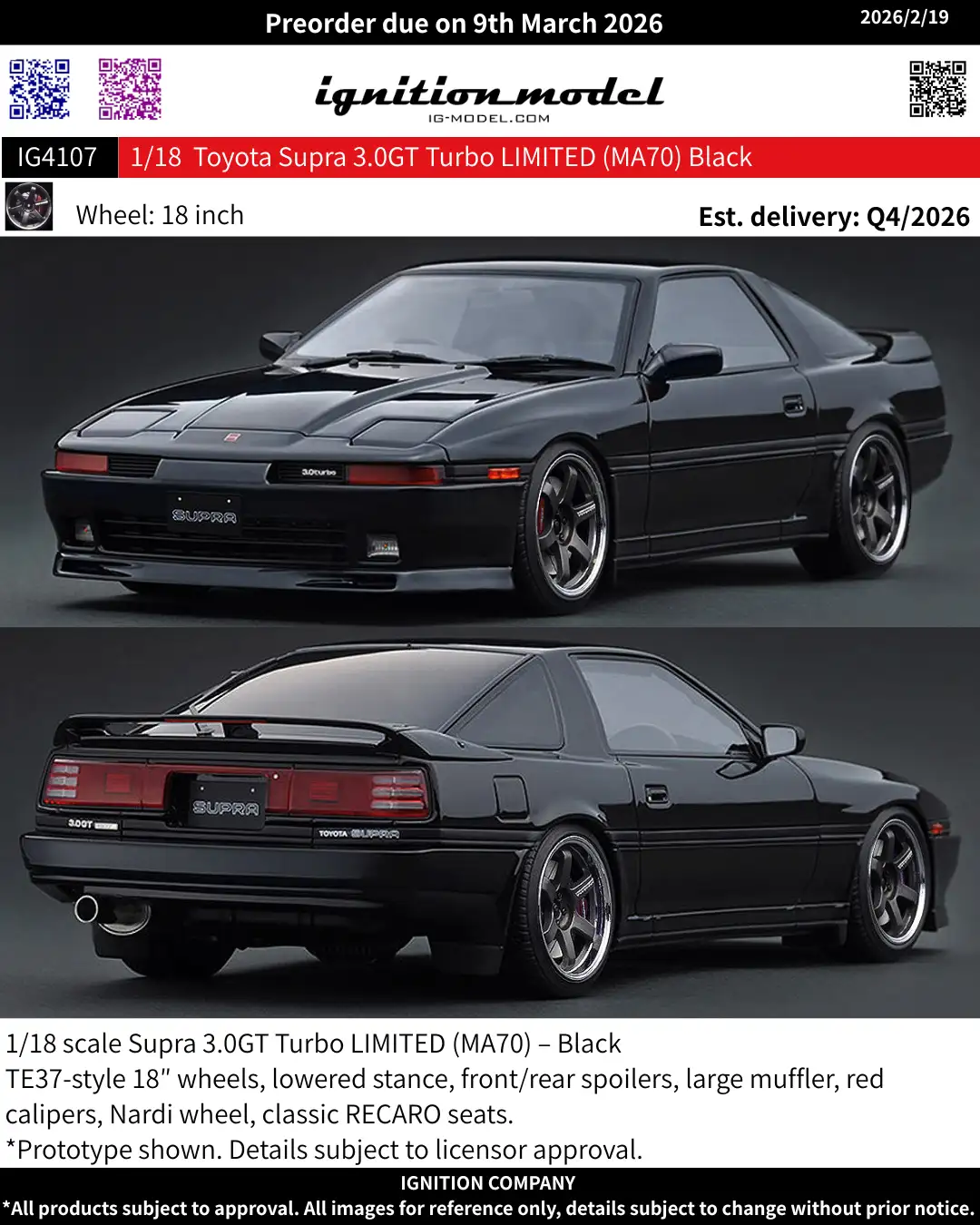 [Preorder] Ignition Model 1:18 Toyota Supra 3.0GT Turbo LIMITED (MA70) Black IG4107