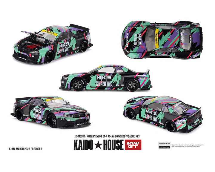 [Preorder] Kaido House x Mini GT 1:64 Nissan Skyline GT-R R34 Kaido Works (V2 Aero) HKS – Limited Edition KHMG280