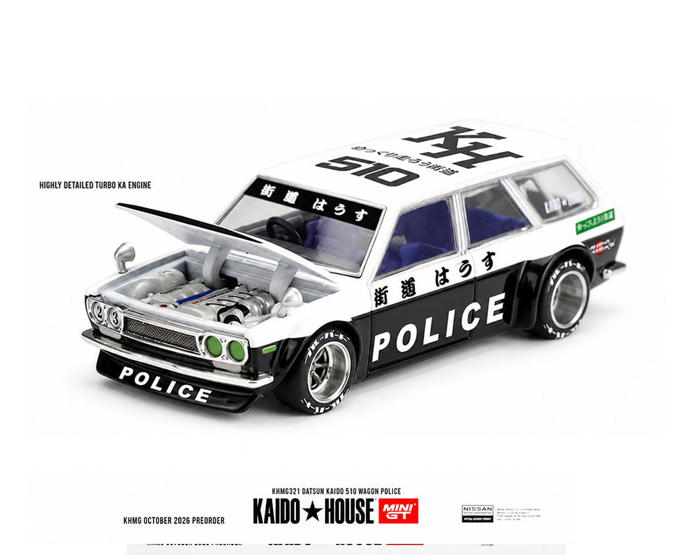 [Preorder] Kaido House x Mini GT 1:64 Datsun KAIDO 510 Wagon Police – Black White Two-Tone KHMG321