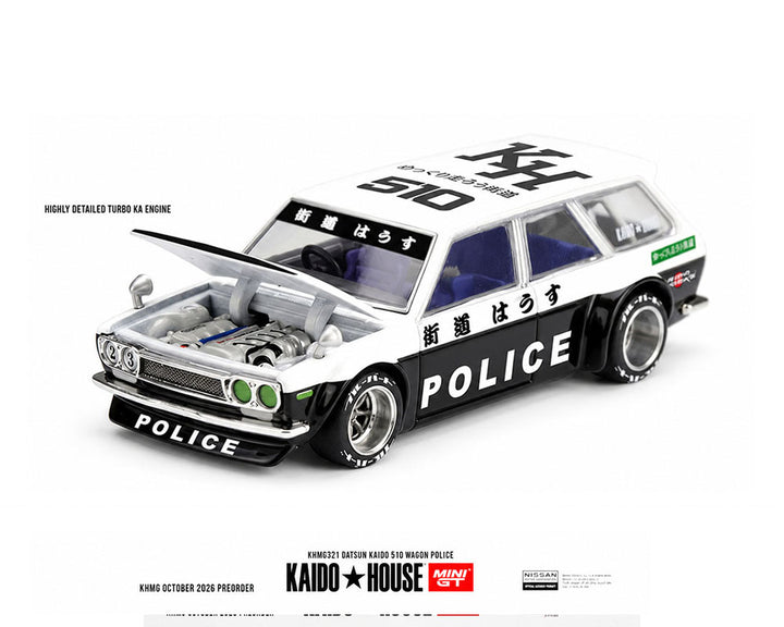 [Preorder] Kaido House x Mini GT 1:64 Datsun KAIDO 510 Wagon Police – Black White Two-Tone KHMG321