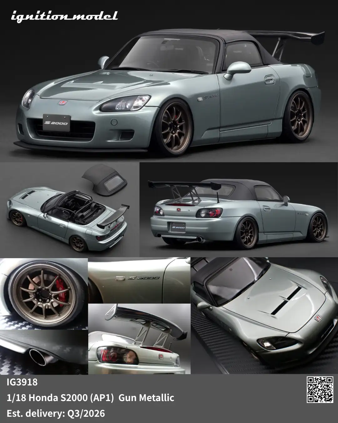 [Preorder] Ignition Model 1:18 Honda S2000 (AP1)  Gun Metallic IG3918