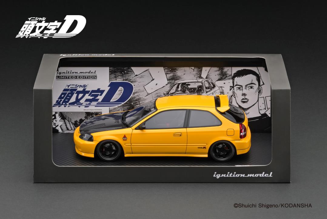 Ignition Model 1:18 INITIAL D Honda CIVIC (EK9) Type R Yellow *carbon bonnet