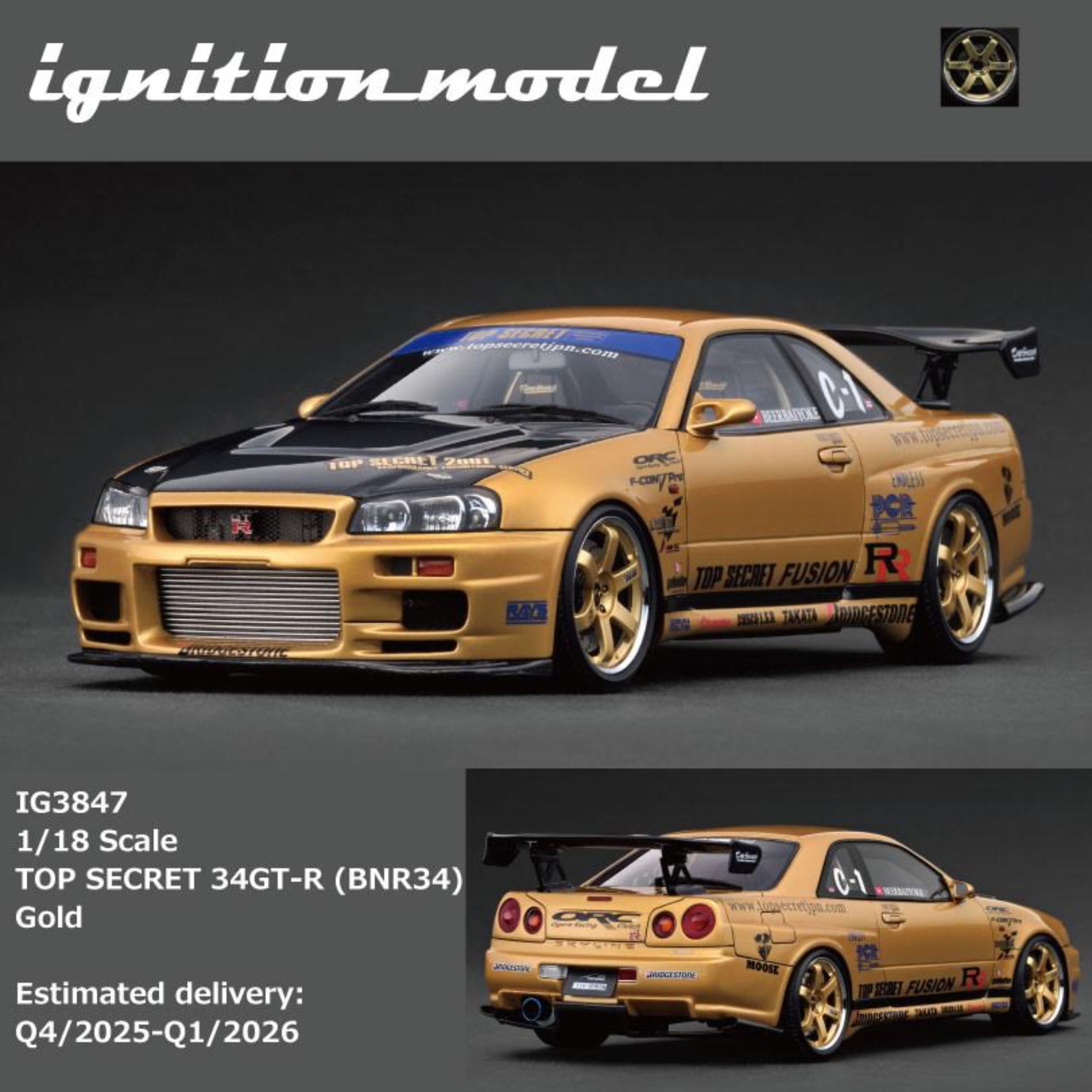 Preorder] Ignition Model 1:18 TOP SECRET 34GT-R (BNR34) Gold