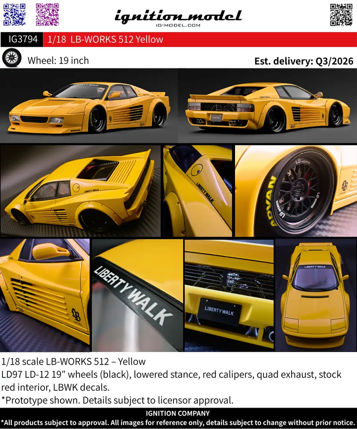 [Preorder] Ignition Model 1:18 LB-WORKS Ferrari 512 Yellow IG3794