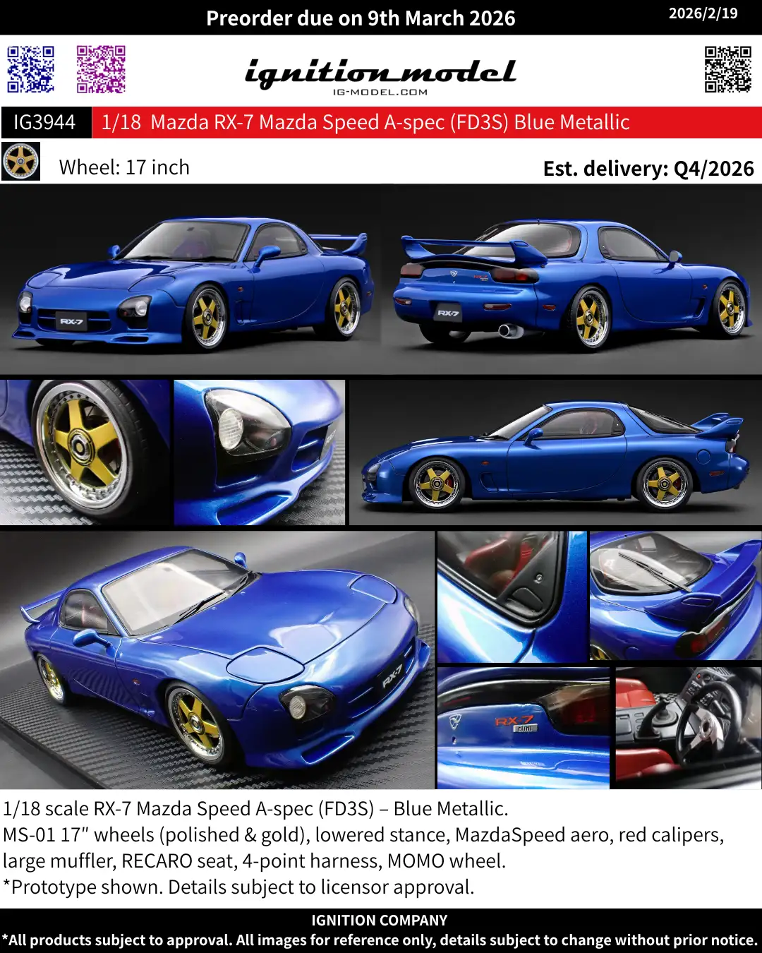 [Preorder] Ignition Model 1:18 Mazda RX-7 Mazda Speed A-spec (FD3S) Blue Metallic IG3944