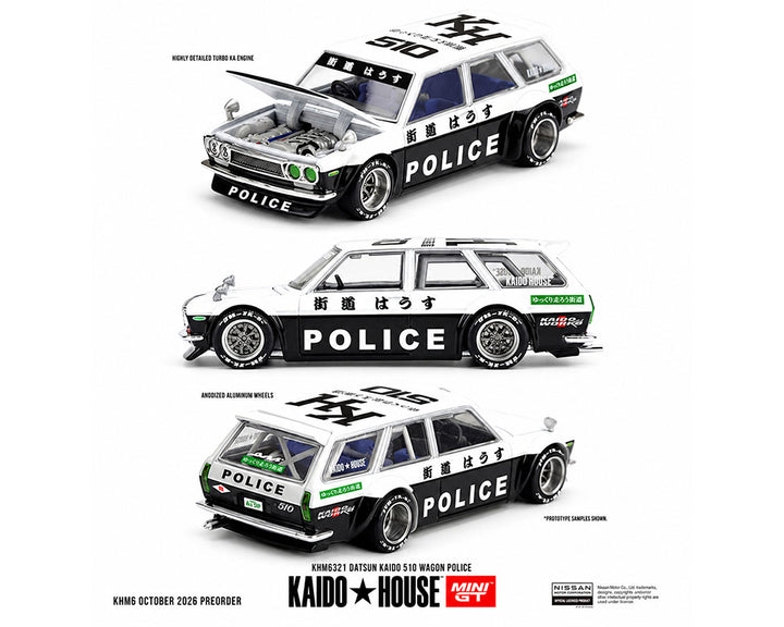 [Preorder] Kaido House x Mini GT 1:64 Datsun KAIDO 510 Wagon Police – Black White Two-Tone KHMG321