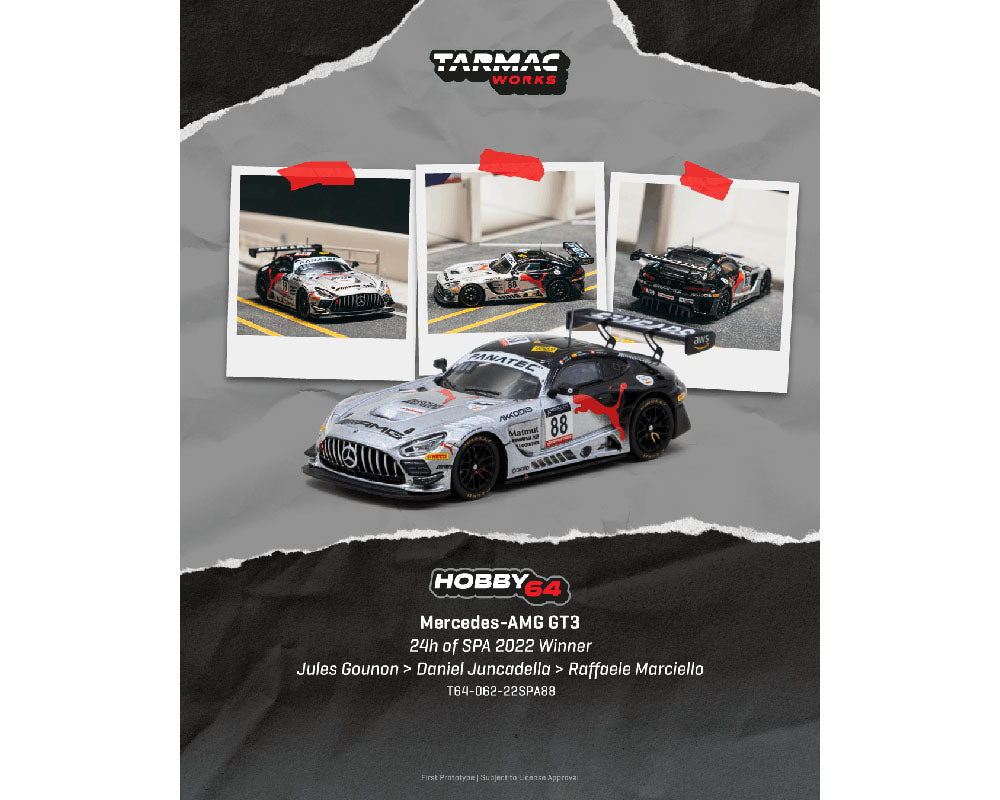 [Preorder] Tarmac Works 1:64 Mercedes-AMG GT3 24h of SPA 2022 Winner Jules Gounon / Daniel Juncadella / Raffaele Marciello- Hobby64 T64-062-22SPA88