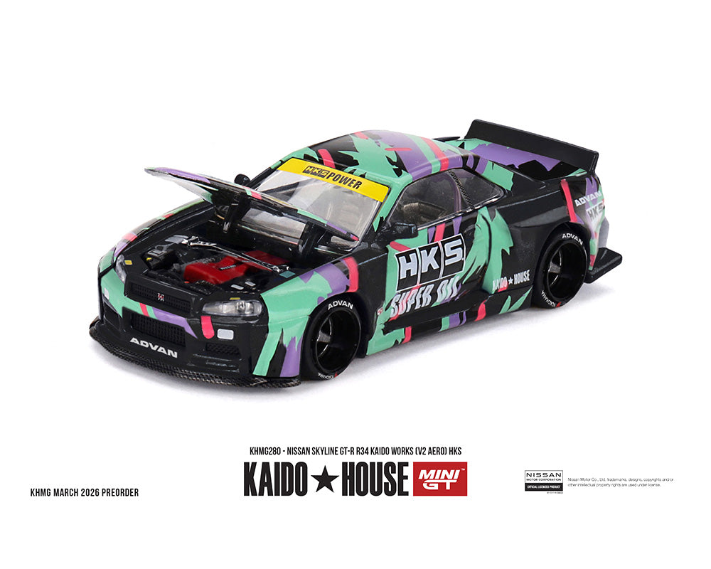 [Preorder] Kaido House x Mini GT 1:64 Nissan Skyline GT-R R34 Kaido Works (V2 Aero) HKS – Limited Edition KHMG280