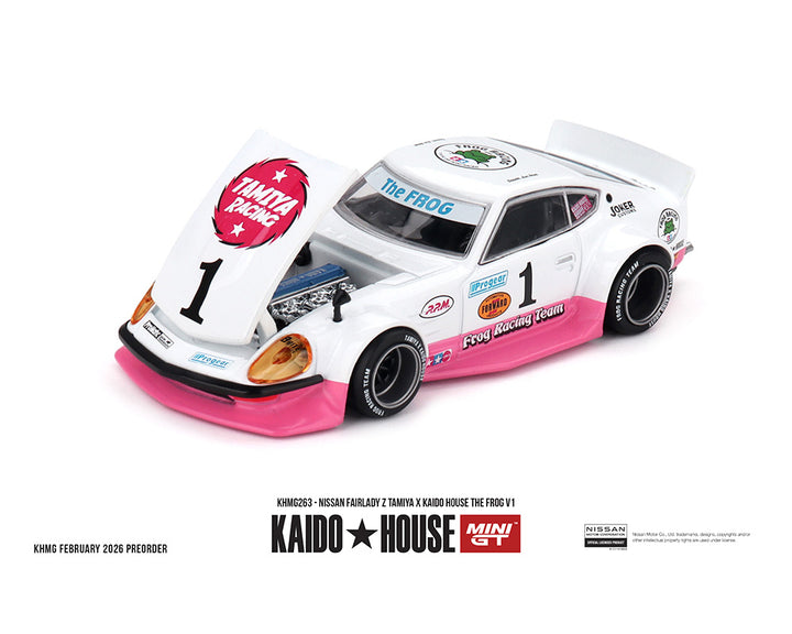 [Preorder]  Kaido House x Mini GT 1:64 Nissan Fairlady Z Tamiya x Kaido House The Frog V1 – White/Pink KHMG263