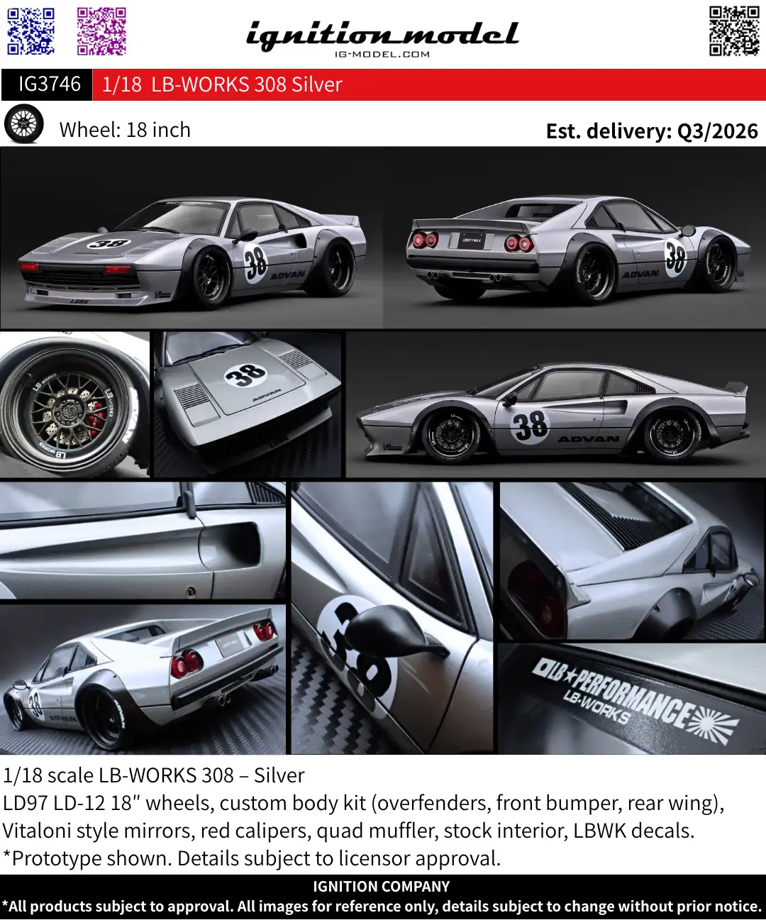 [Preorder] Ignition Model 1:18 LB-WORKS Ferrari 308 Silver  IG3746