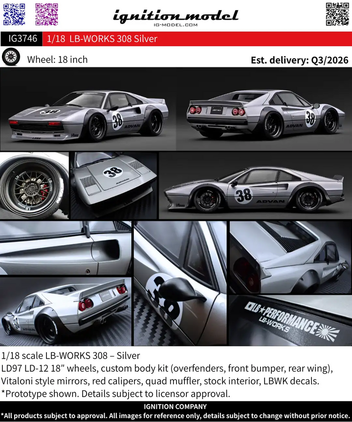 [Preorder] Ignition Model 1:18 LB-WORKS Ferrari 308 Silver  IG3746