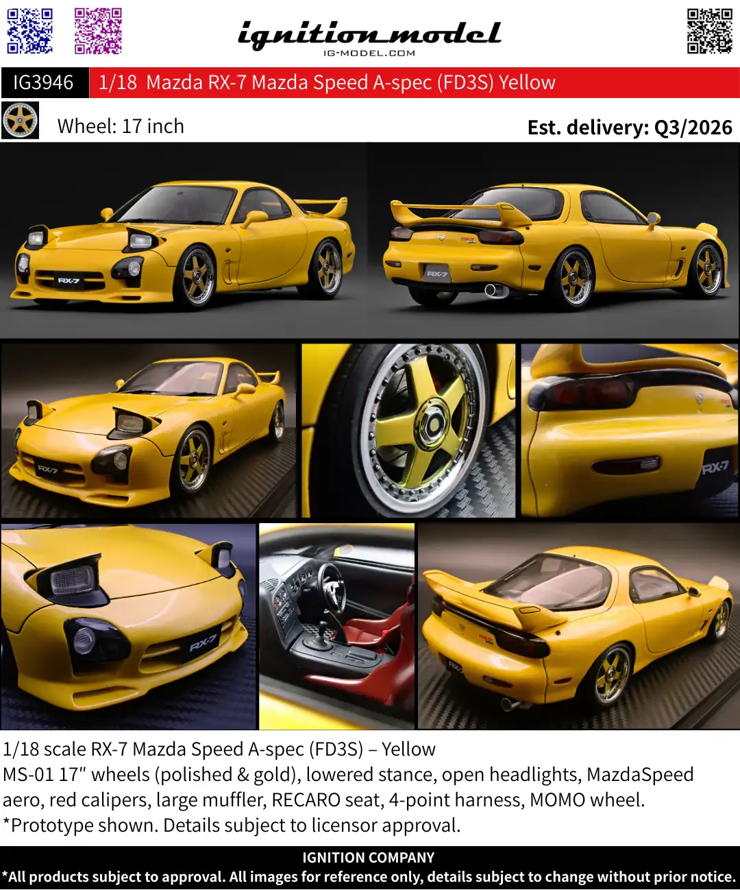 [Preorder] Ignition Model 1:18 Mazda RX-7 Mazda Speed A-spec (FD3S) Yellow IG3946