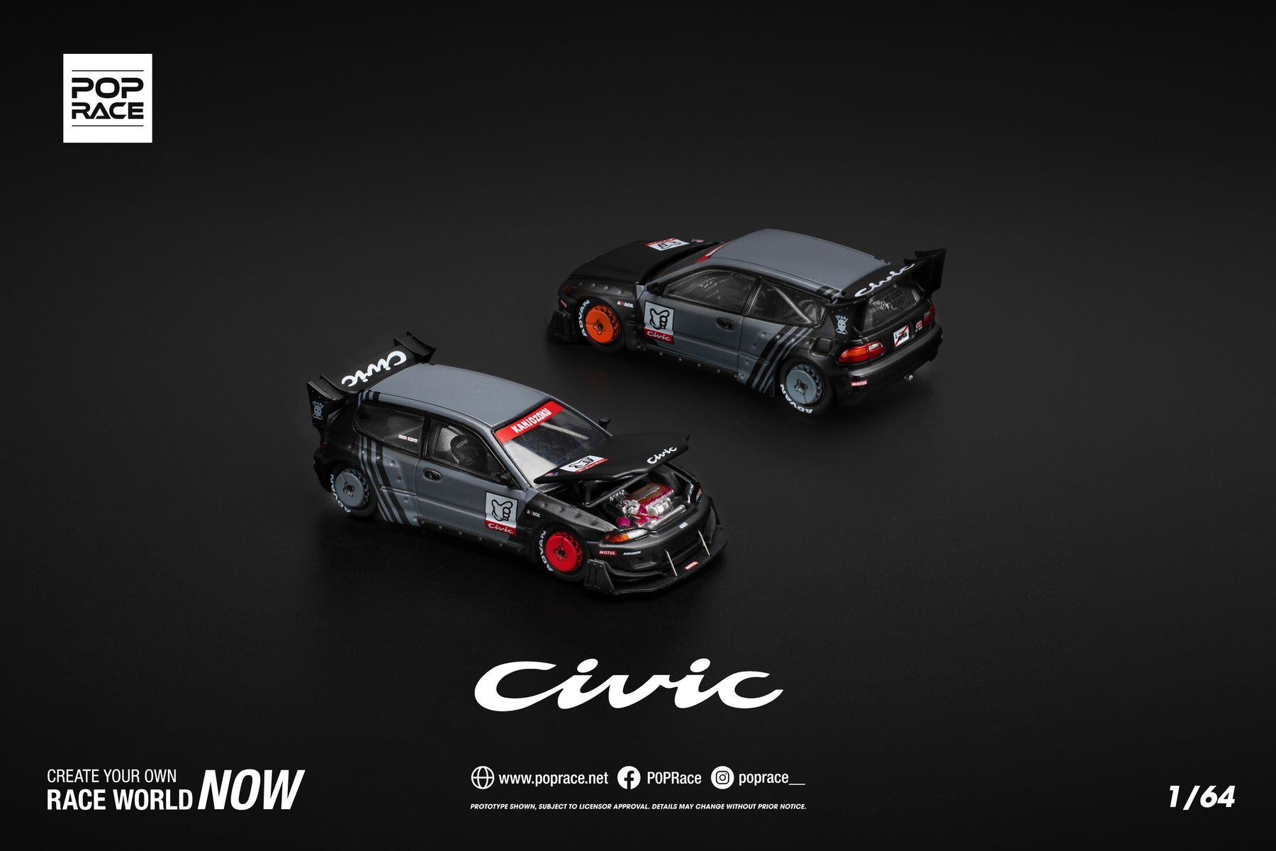 Pop Race 1/64 Pandem Civic EG6 Kanjozoku – Gray Diecast, 2024 Release