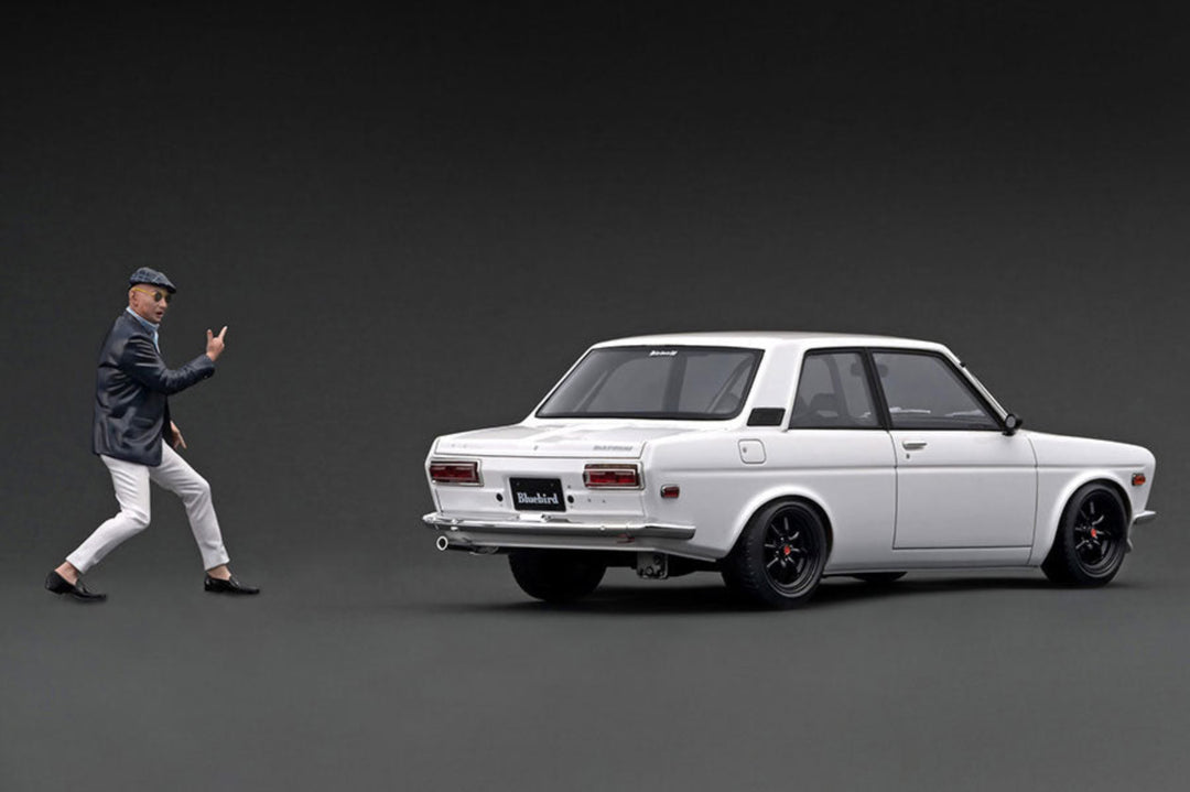 [Preorder] Ignition Model 1:18 Datsun Bluebird (510) White With Mr. Yokoyama IG3303