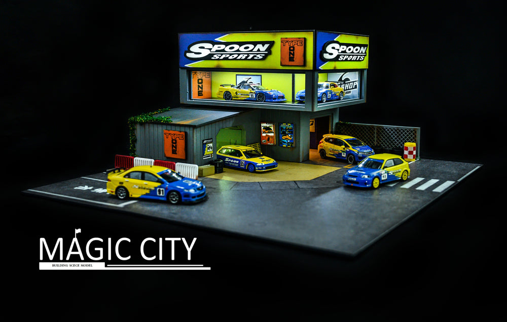 Magic City 1:64 Diorama Spoon Automobile Showroom & Sheet Metal Spray Booth 110026