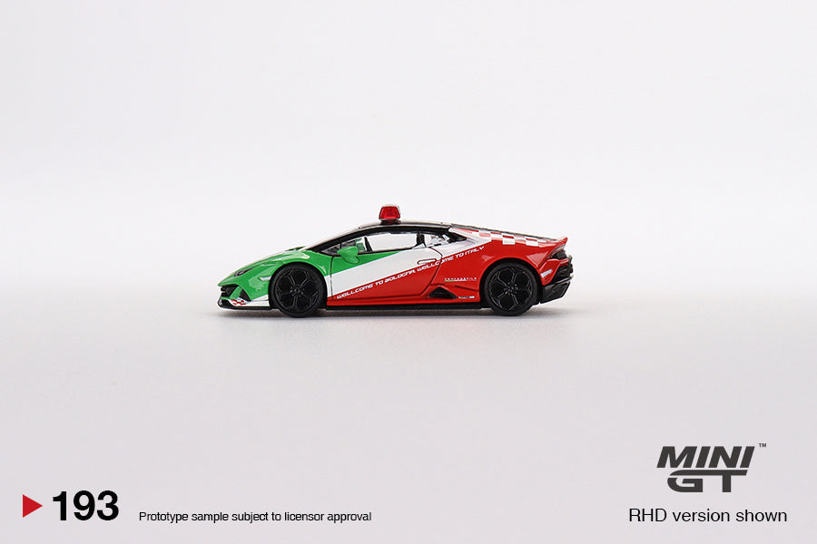 Mini GT 1:64 Lamborghini Huracán EVO Bologna Airport 2020 Follow-Me Car LHD MGT00193-CH Side