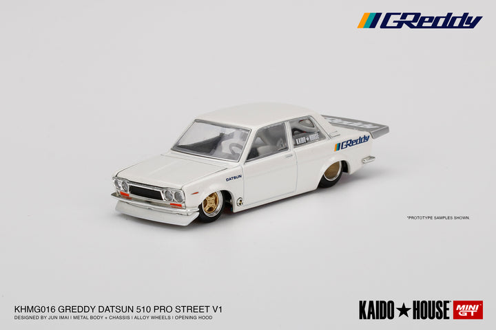 Kaido House + MINIGT 1:64 Datsun 510 Pro Street GREDDY Pearl White KHMG016 LHD