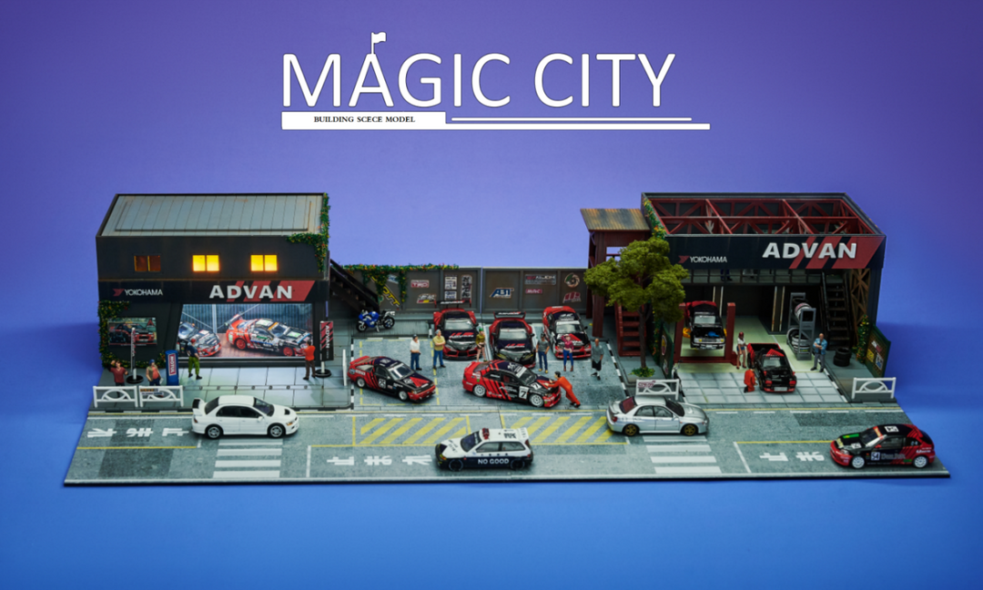 人気新品入荷 Magic City 1:64 Diorama ADVAN Showroom & Repair Shop 乗用車