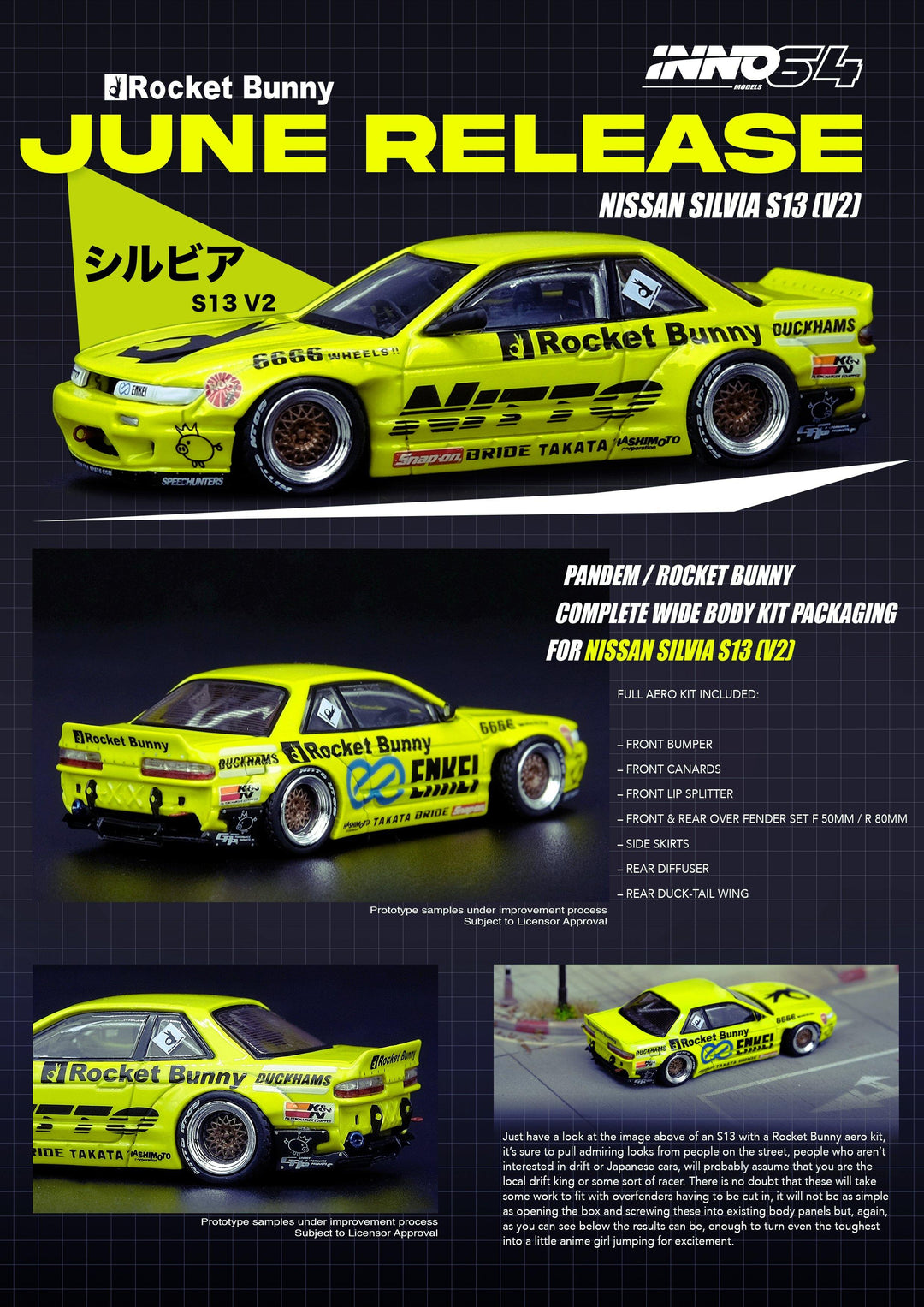 Inno64 1:64 Nissan Silvia S13 V2 Pandem / Rocket Bunny Light Yellow IN64-S13V2-LIY