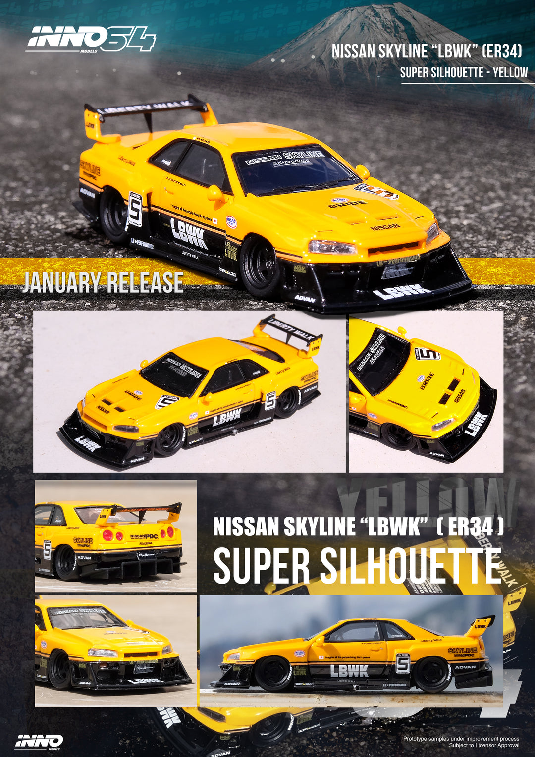 Inno64 1:64 Nissan Skyline "LBWK" (ER34) SUPER SILHOUETTE Yellow IN64R-R34-YL