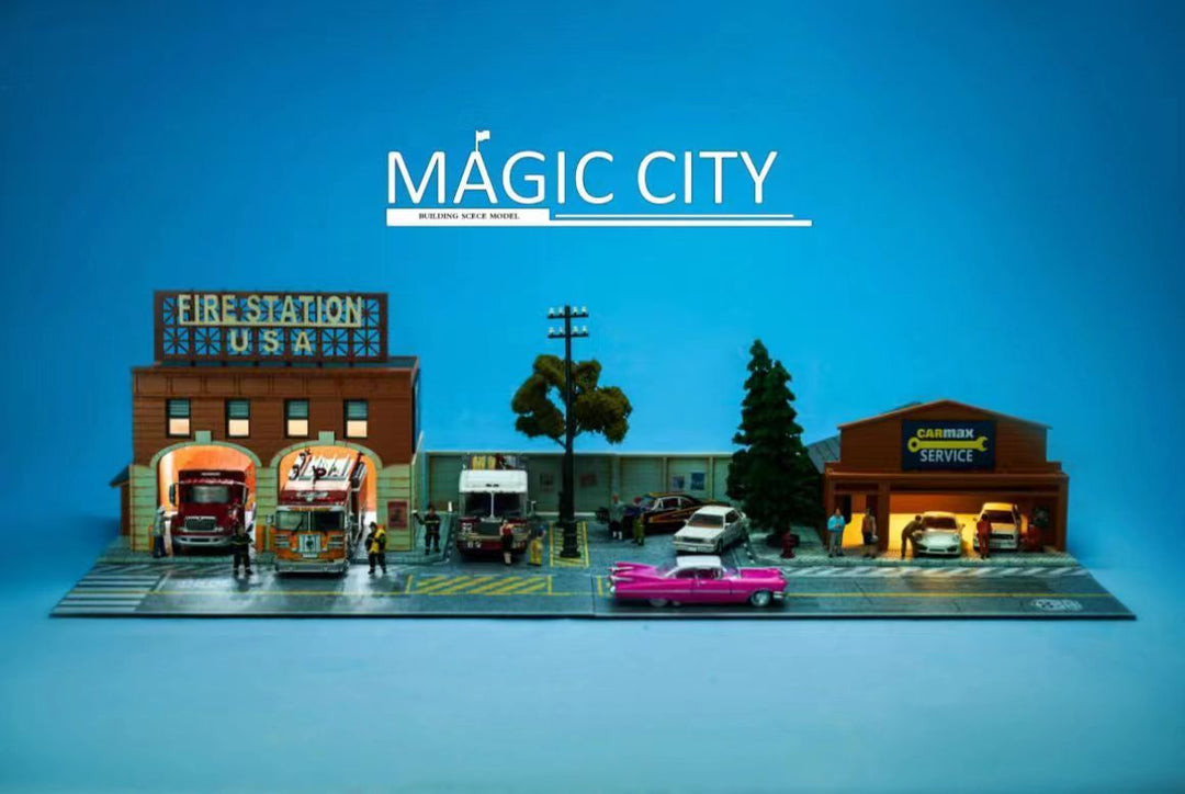 Magic City 1:64 Diorama American Scene - Fire Department & CARMAX Auto Repair Shop