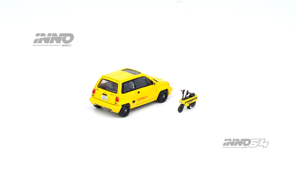 Inno64 1:64 Honda City Turbo II Yellow With MOTOCOMPO IN64-CITYII-YL Rear