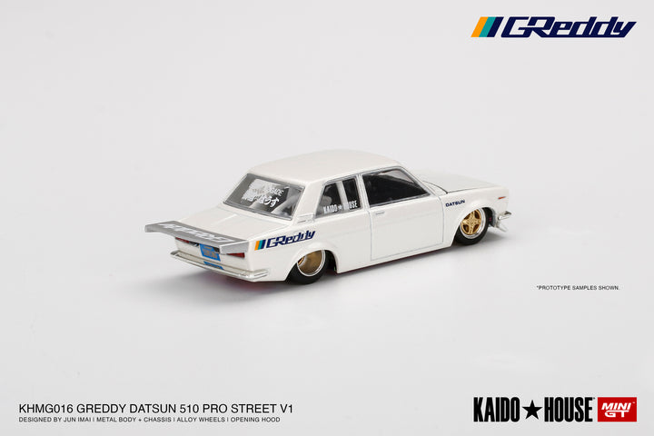 Kaido House + MINIGT 1:64 Datsun 510 Pro Street GREDDY Pearl White KHMG016 LHD Rear