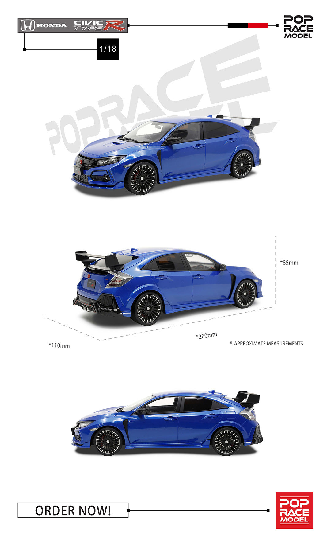 POPRACE 1:18 Honda FK8 Mugen Civic Type R - Blue