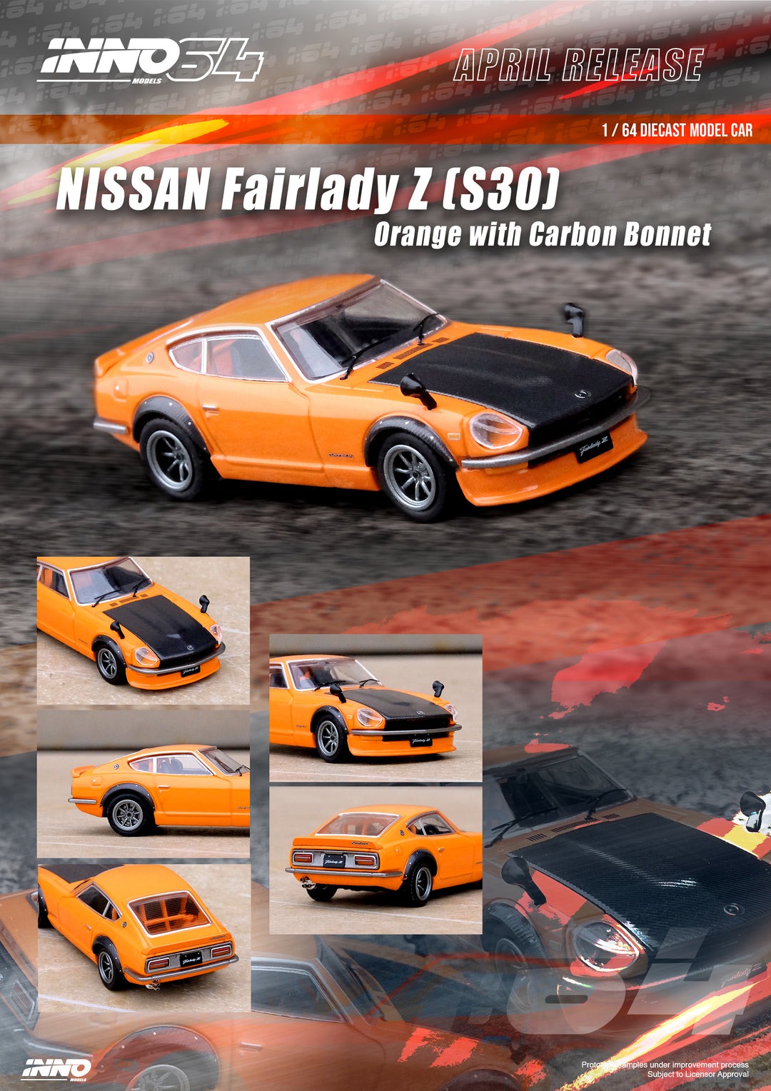 Inno64 1:64 Nissan FAIRLADY Z (S30) Orange With Carbon Bonnet IN64-240Z-ORG