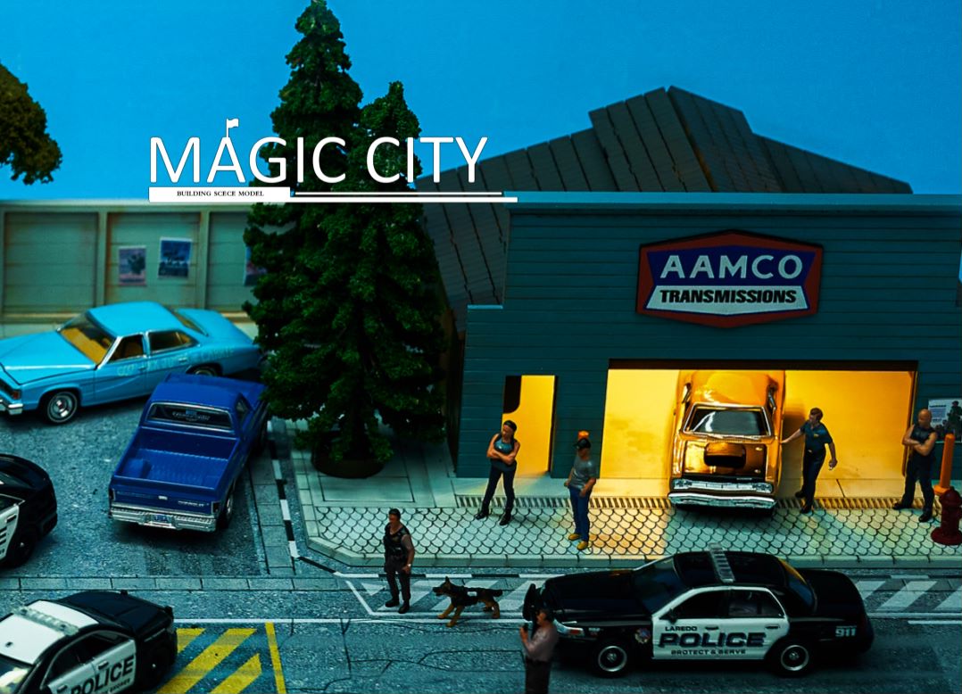 Magic City 1:64 Diorama American Scene - Bank & AAMCO Auto Repair Shop
