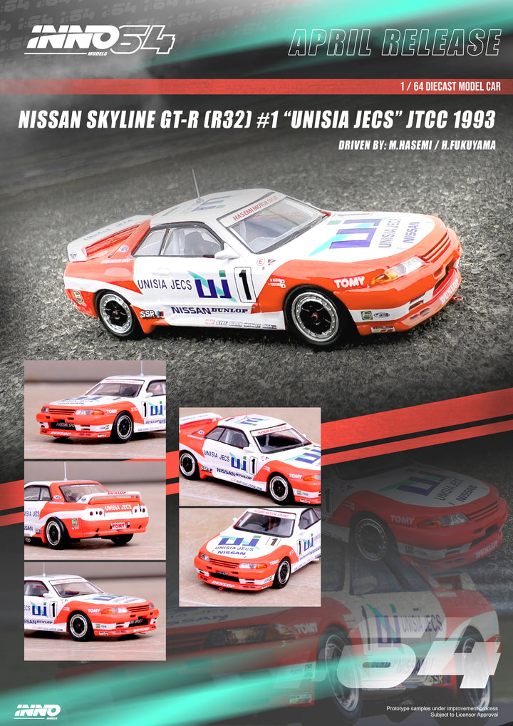 Inno64 1:64 Nissan Skyline GT-R (R34) #1 "UNISIA JECS" JTCC M. Hasemi / H. Fukuyama IN64-R32-UNIJ