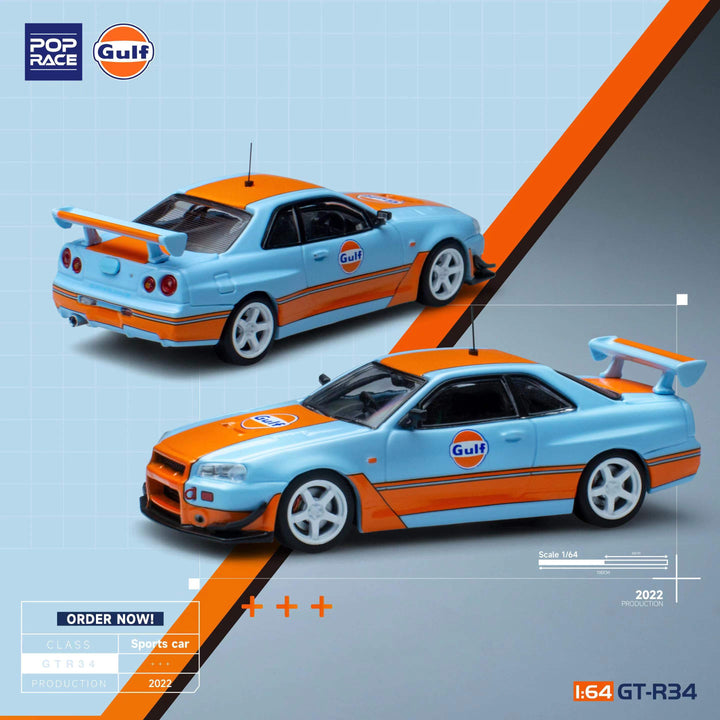 POPRACE 1:64 GTR R34 Gulf Oil Livery PR64-NR34-GULF PR64-NR34-GULF