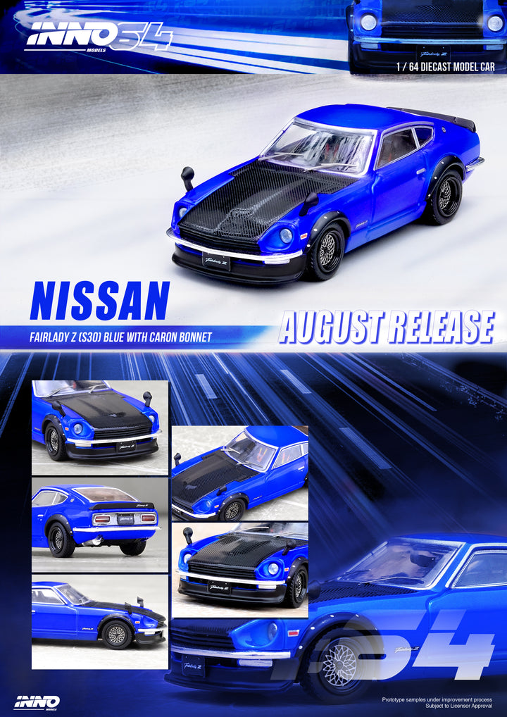 Inno64 1:64 Nissan Fairlady Z (S30) Blue With Carbon Hood IN64-240Z-BLU