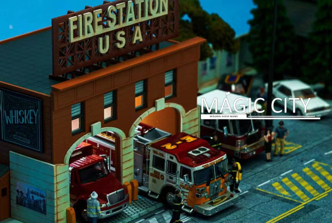 Magic City 1:64 Diorama American Scene - Fire Department & CARMAX Auto Repair Shop