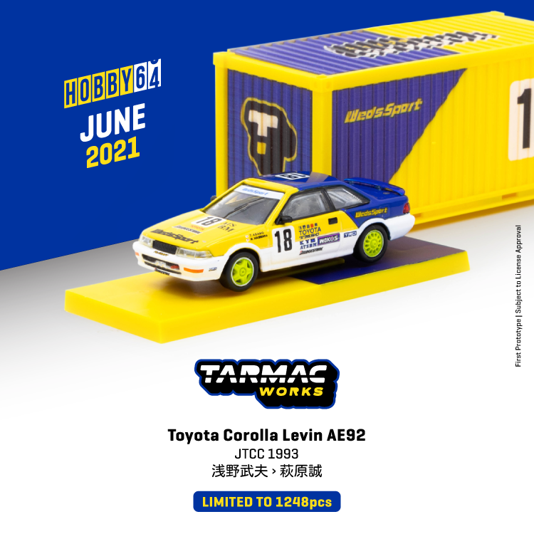 Tarmac Works 1:64 Toyota Corolla Levin AE92 JTCC 1993 浅野武夫/萩原誠 w/Container T64-036-93JTC18 