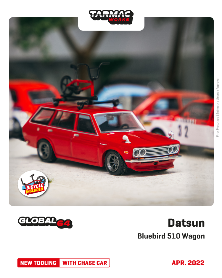Tarmac Works 1:64 Datsun Bluebird 510 Wagon Red Bicycle with roof rack included T64G-026-RE