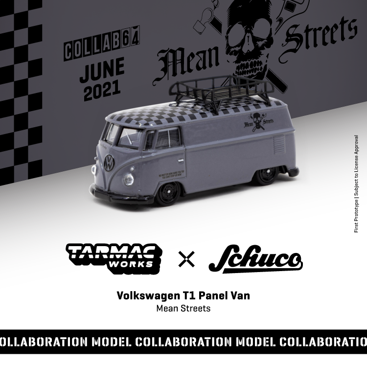 Tarmac Works X Schuco Volkswagen T1 Panel Van Mean Streets Special Edition with Metal Oil can and Special Paper Box T64S-005-FAT