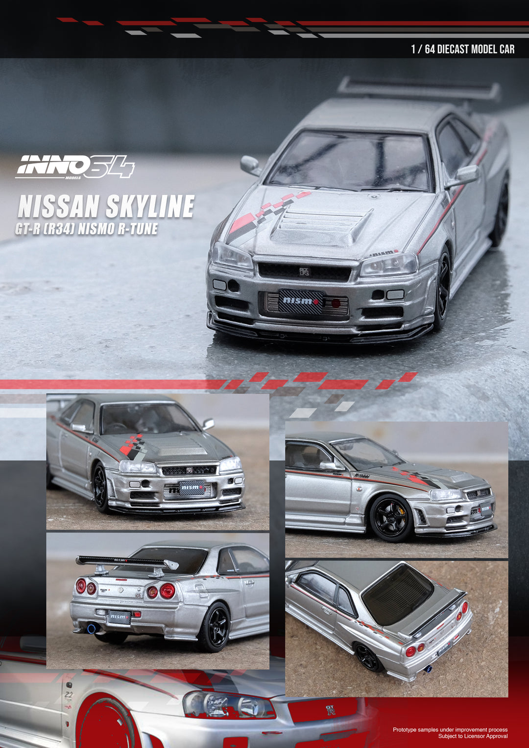 Inno64 1:64 Nissan Skyline GTR R34 R-TUNE Silver IN64-R34RT-SIL